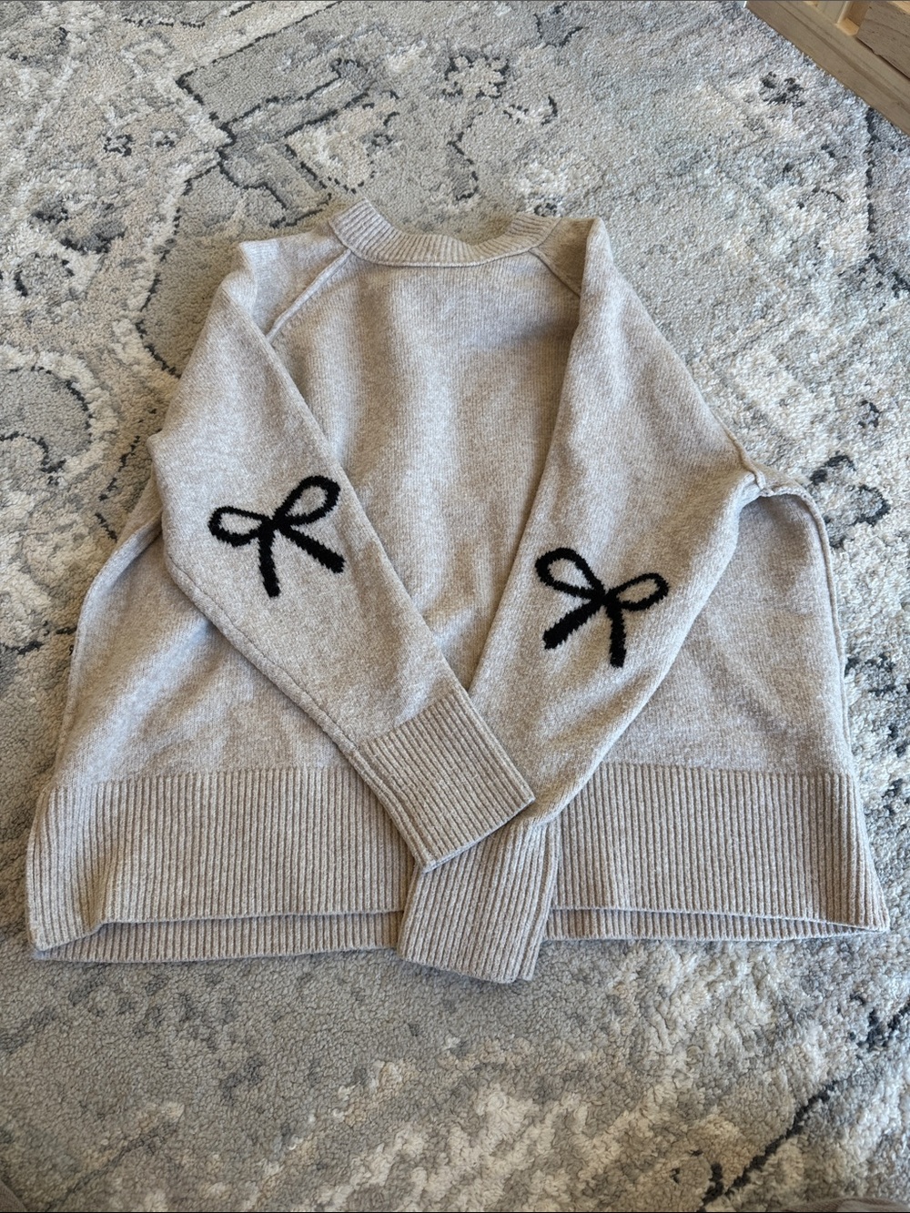 aerie Cream Crewneck Sweater with Black Bow Elbow Patches